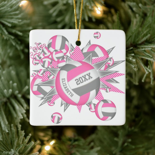 cute pink grey volleyball blowout girls sports ceramic ornament (Tree)