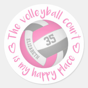 cute pink grey volleyball court my happy place classic round sticker