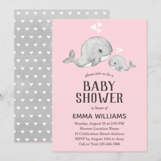 Cute Pink Grey Whale Baby Shower Invitation - Girl (Front/Back)