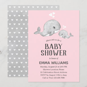 Cute Pink Grey Whale Baby Shower Invitation - Girl