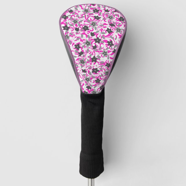 Cute pink grey white abstract flowers golf head cover (Front)