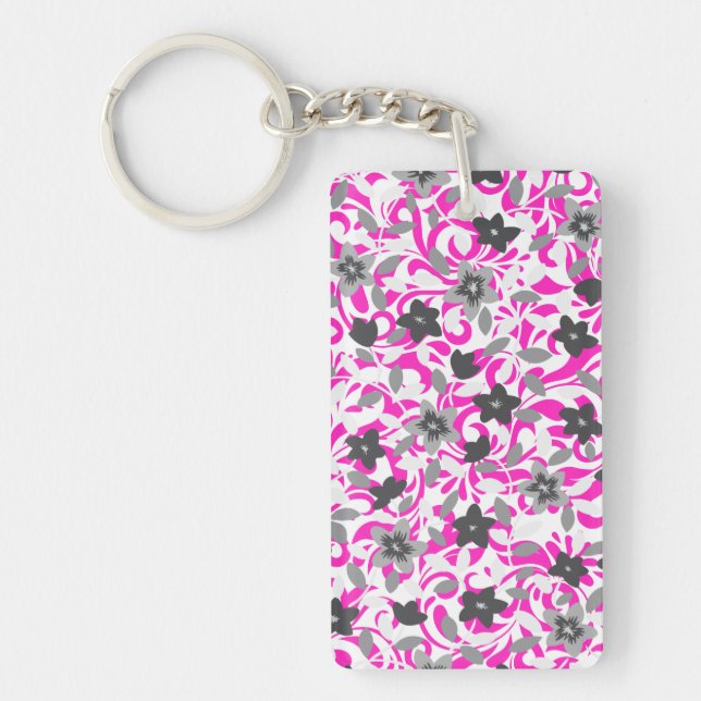 Cute pink grey white abstract flowers key ring (Front)