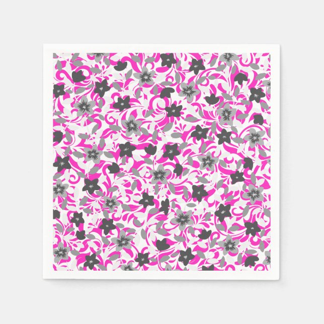 Cute pink grey white abstract flowers napkin (Front)
