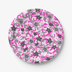 Cute pink grey white abstract flowers paper plate