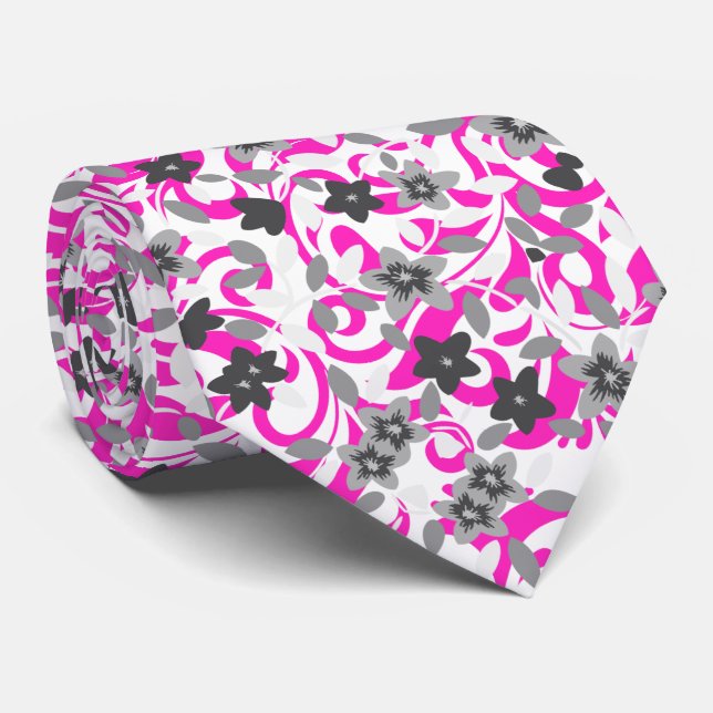 Cute pink grey white abstract flowers tie (Rolled)