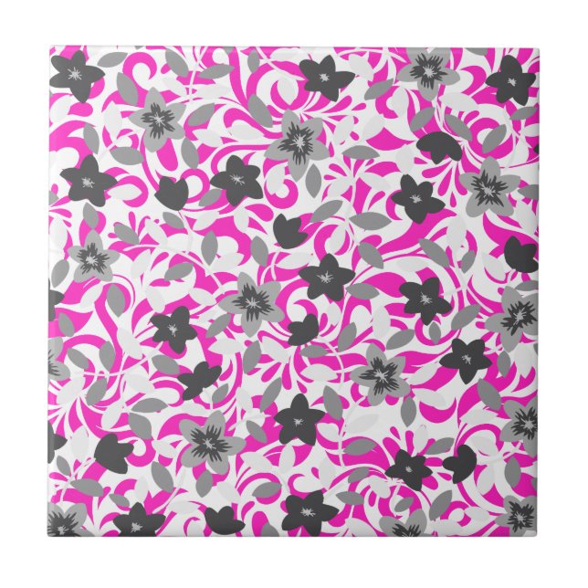 Cute pink grey white abstract flowers tile (Front)