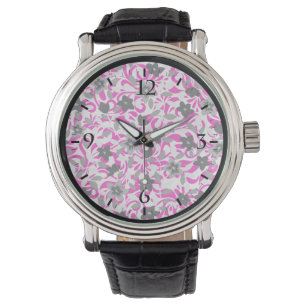 Cute pink grey white abstract flowers watch