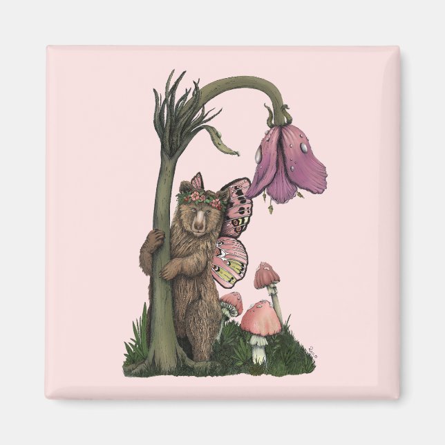 Cute Pink Grizzly Bear Fairy in Enchanted Forest  Magnet (Front)
