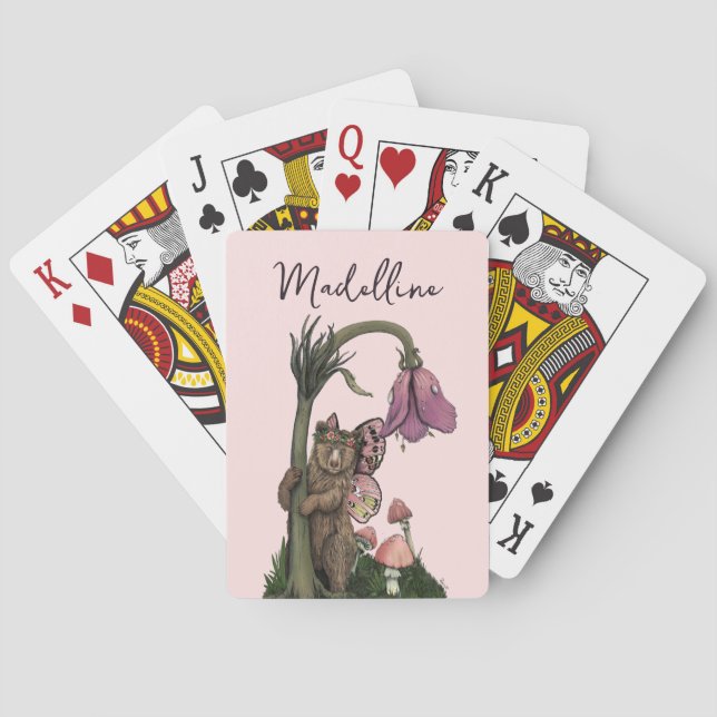 Cute Pink Grizzly Bear Fairy in Enchanted Forest  Playing Cards (Back)
