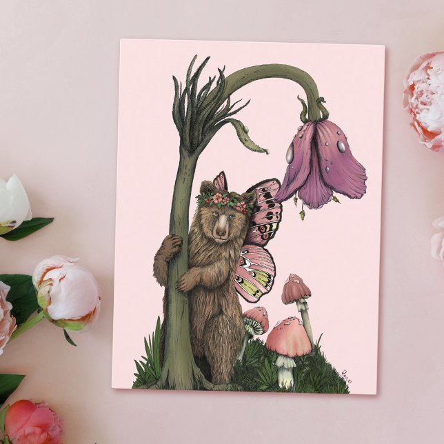 Cute Pink Grizzly Bear Fairy in Woodland Forest Postcard (Creator Uploaded)