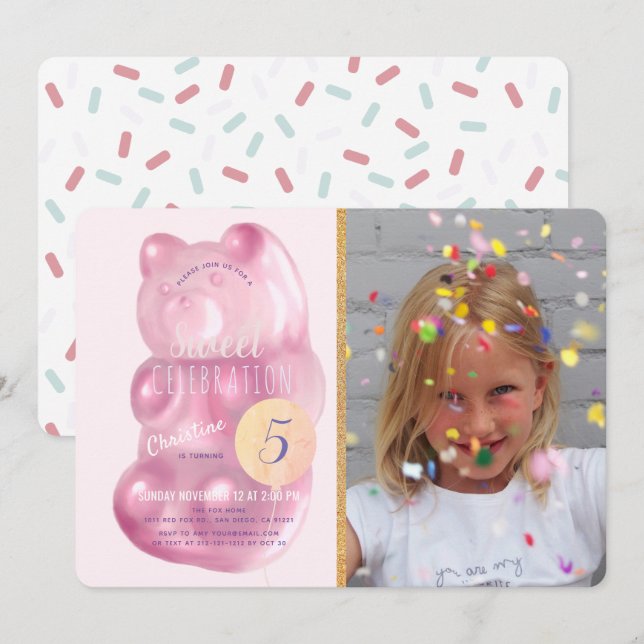 Cute Pink Gummy Bear Sweet Candy Photo Birthday Invitation (Front/Back)