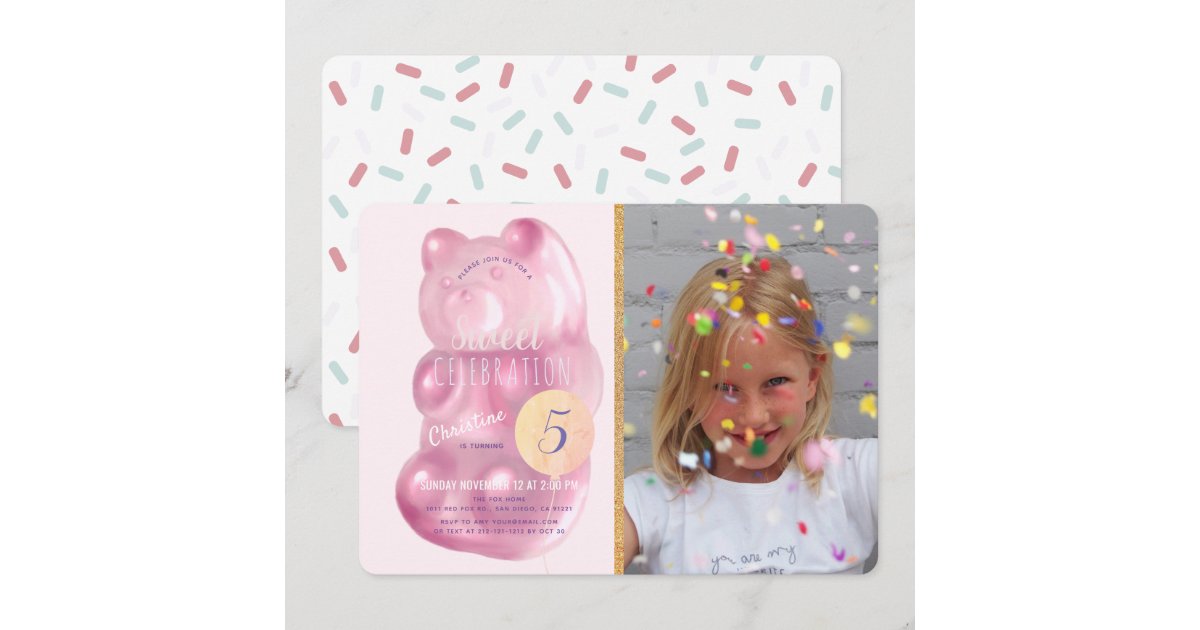 Cute Pink Gummy Bear Sweet Candy Photo Birthday Invitation | Zazzle