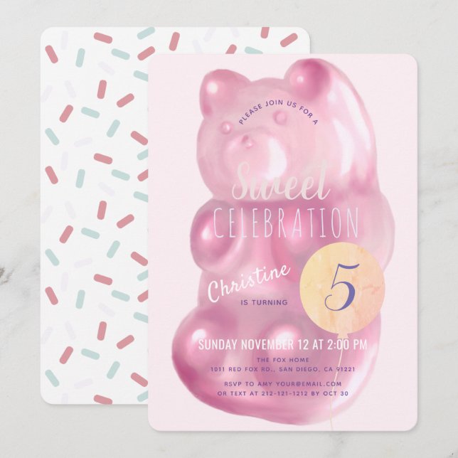 Cute Pink Gummy Bear Sweet Girl Candy Birthday Invitation (Front/Back)