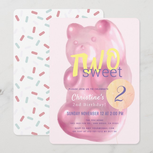 Cute Pink Gummy Bear Two Sweet Girl 2nd Birthday Invitation (Front/Back)