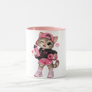 Cute Pink Gym Cat Fitness Workout Two-Tone Mug