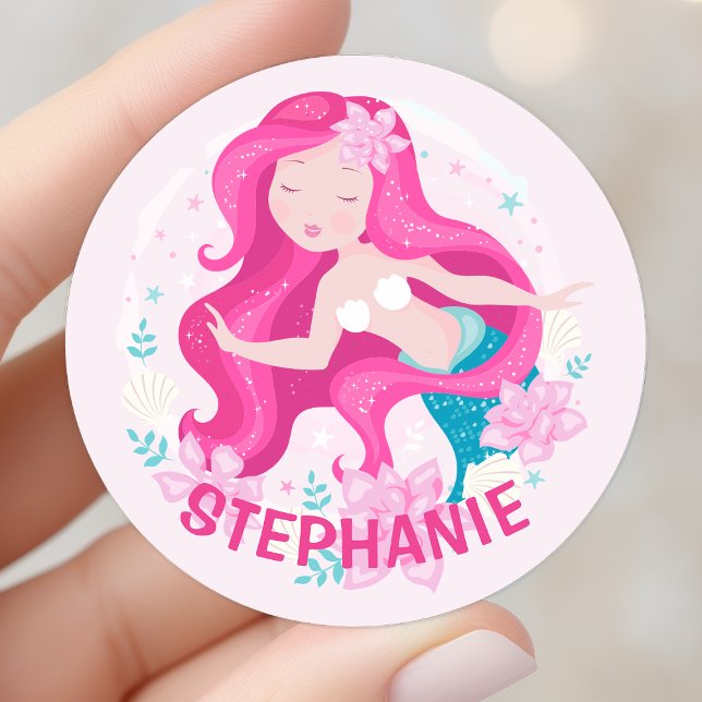 Cute Pink Hair Mermaid Girls Fantasy Personalised Classic Round Sticker (Creator Uploaded)