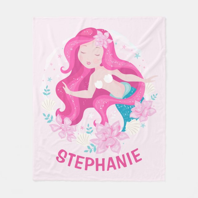 Cute Pink Hair Mermaid Girls Fantasy Personalised Fleece Blanket (Front)