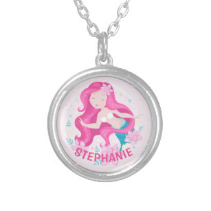 Cute Pink Hair Mermaid Girls Fantasy Personalised Silver Plated Necklace