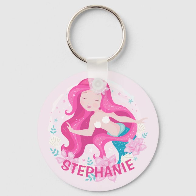 Cute Pink Hair Mermaid Girls Fantasy Personalized Key Ring (Front)