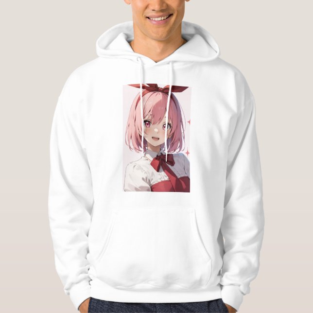 Cute Pink-Haired Anime Girl Illustration Hoodie (Front)