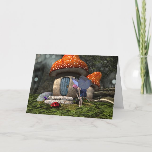 Cute Pink-Haired Fairy Meets Ladybug Card (Front)