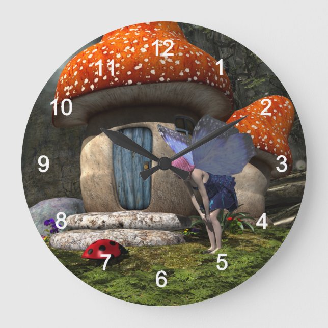 Cute Pink-Haired Fairy Meets Ladybug Large Clock (Front)