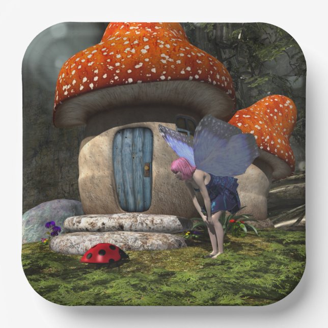 Cute Pink-Haired Fairy Meets Ladybug Paper Plate (Front)