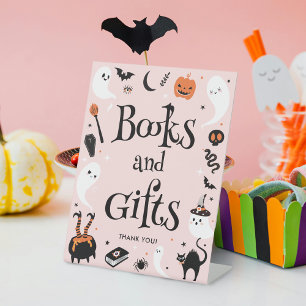 Cute Pink Halloween Baby Shower Books and Gifts Pedestal Sign