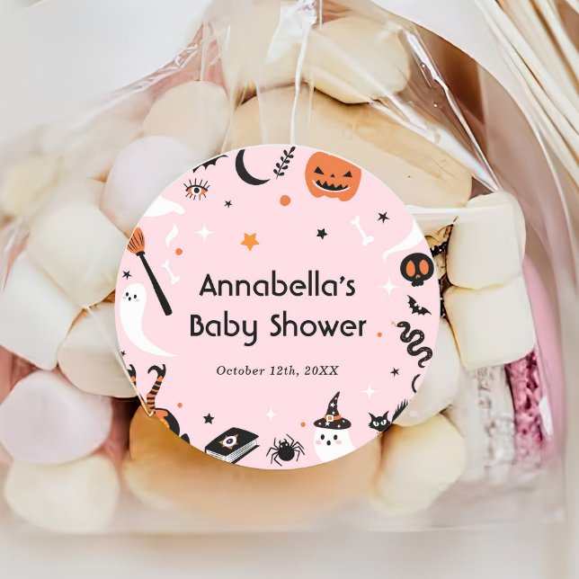 Cute Pink Halloween Baby Shower Classic Round Sticker (Creator Uploaded)
