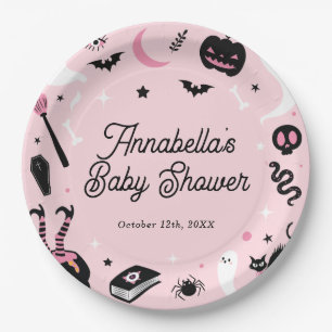 Cute Pink Halloween Baby Shower Paper Plate