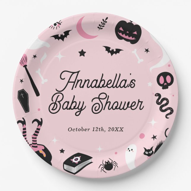 Cute Pink Halloween Baby Shower Paper Plate (Front)