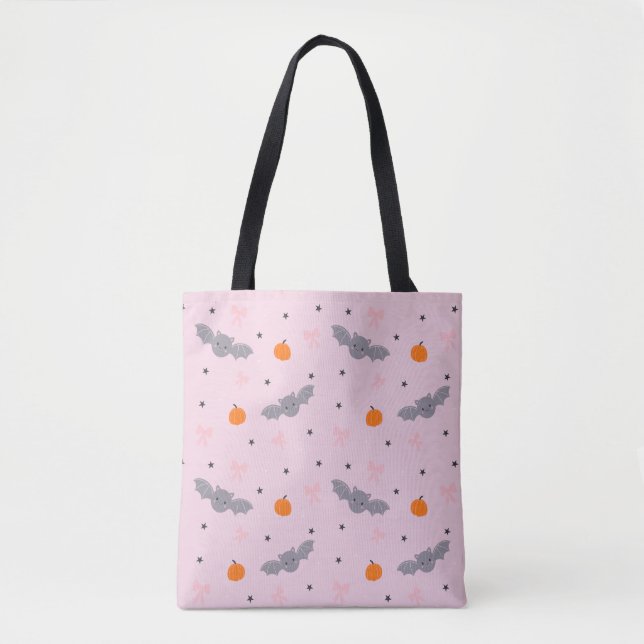 Cute Pink Halloween Bat Pattern Tote Bag (Front)