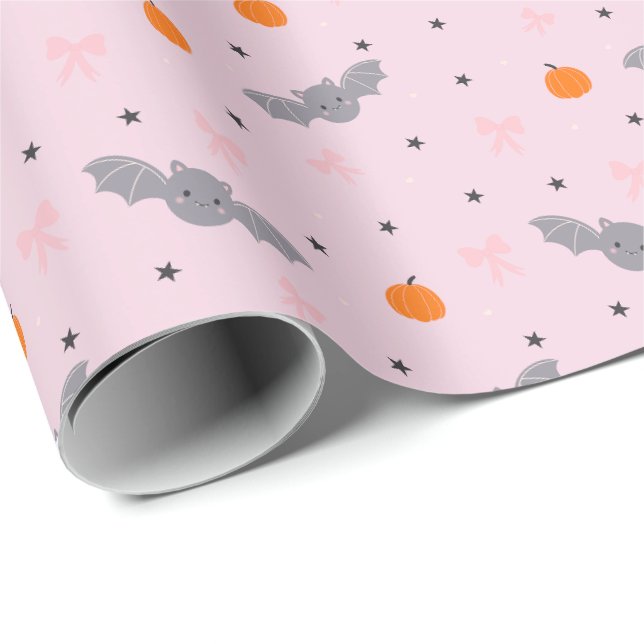 Cute Pink Halloween Bat Pattern Wrapping Paper (Roll Corner)