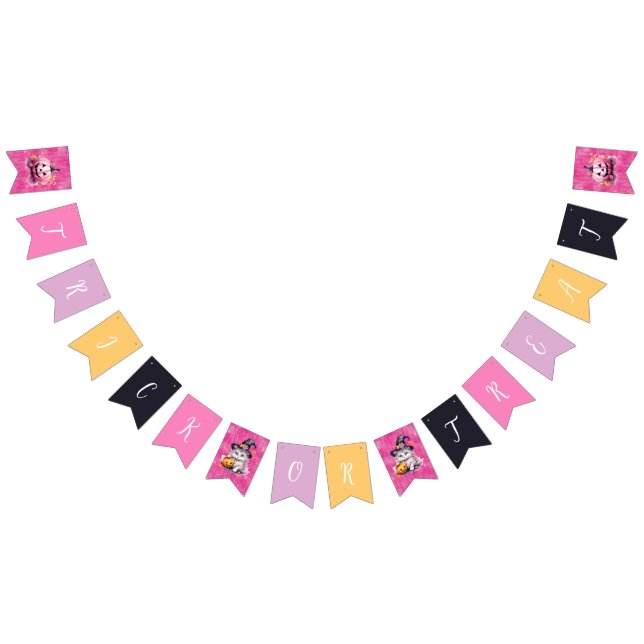 Cute Pink Halloween Birthday Party Kitten Pumpkin Bunting (All)