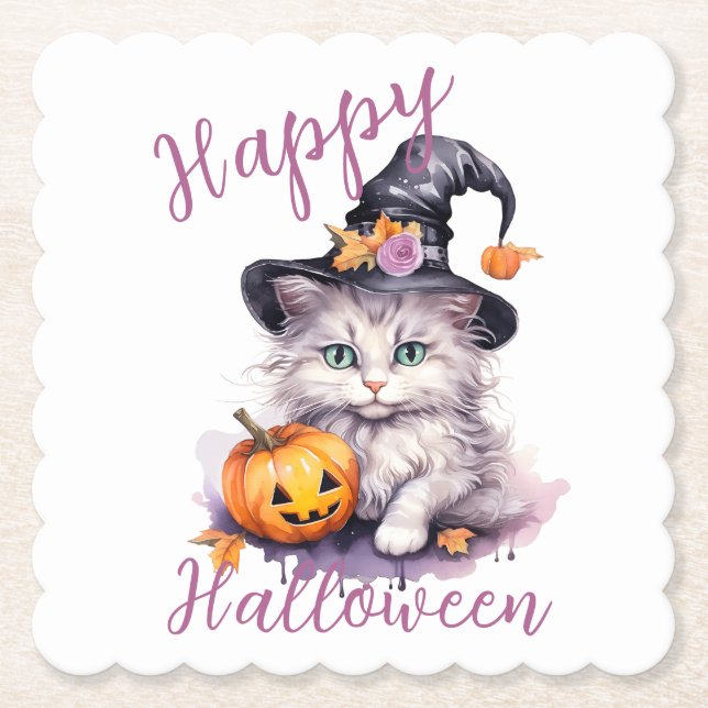 Cute Pink Halloween Birthday Party Kitten Pumpkin Paper Coaster (Front)