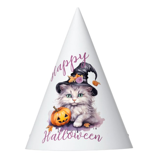 Cute Pink Halloween Birthday Party Kitten Pumpkin Party Hat (Front)