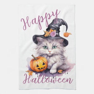 Cute Pink Halloween Birthday Party Kitten Pumpkin Tea Towel