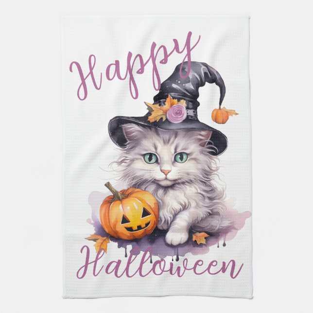 Cute Pink Halloween Birthday Party Kitten Pumpkin Tea Towel (Vertical)
