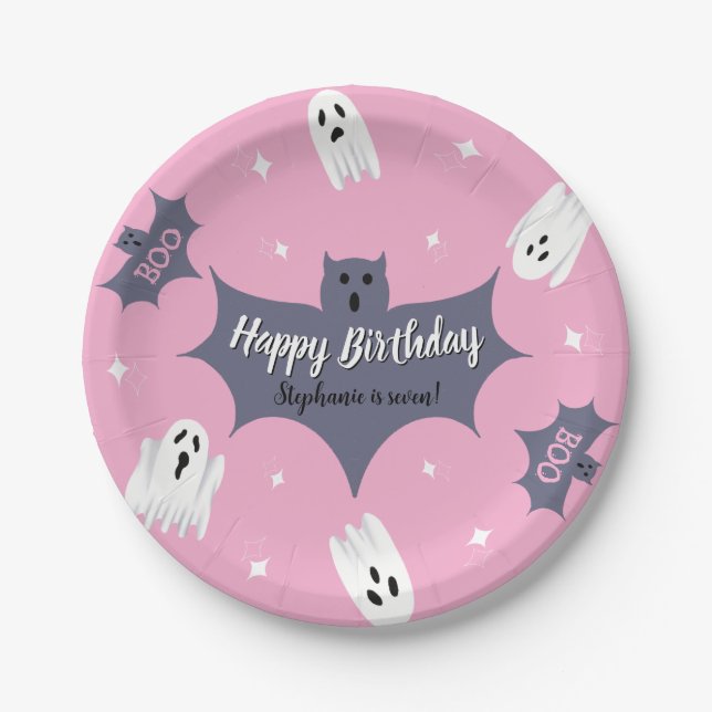 Cute Pink Halloween Birthday Party Paper Plate (Front)