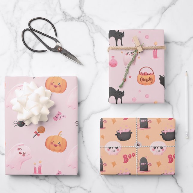 Cute Pink Halloween Birthday Party Wrapping Paper Sheet (Front)
