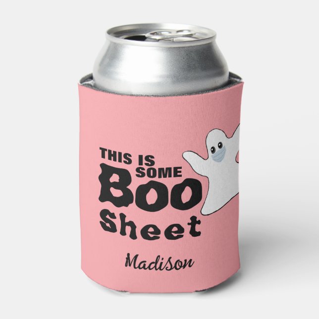 Cute Pink Halloween Boo Sheet Ghost Personalised Can Cooler (Can Front)