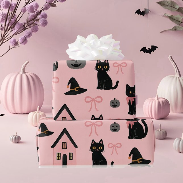 Cute Pink Halloween Cats & Witch Hats  Wrapping Paper (Creator Uploaded)