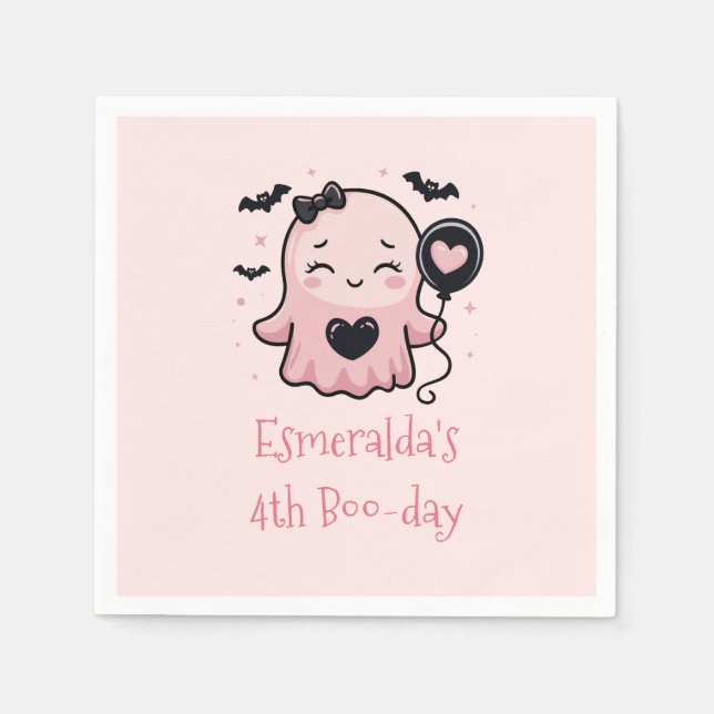 Cute Pink Halloween Ghost Birthday Party Napkin (Front)