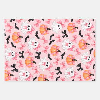 Cute Pink Halloween Ghosts & Bows Wrapping Paper