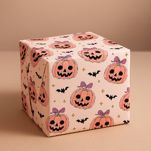 Cute Pink Halloween Jack-o'-Lanterns & Bats Wrapping Paper