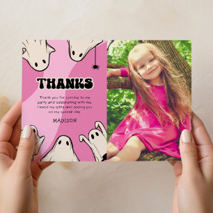 Cute Pink Halloween Photo Birthday Thank You Card