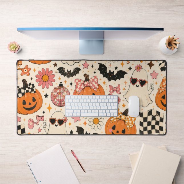 Cute Pink Halloween Pumpkin Pattern with Bows Desk Mat (Office 1)