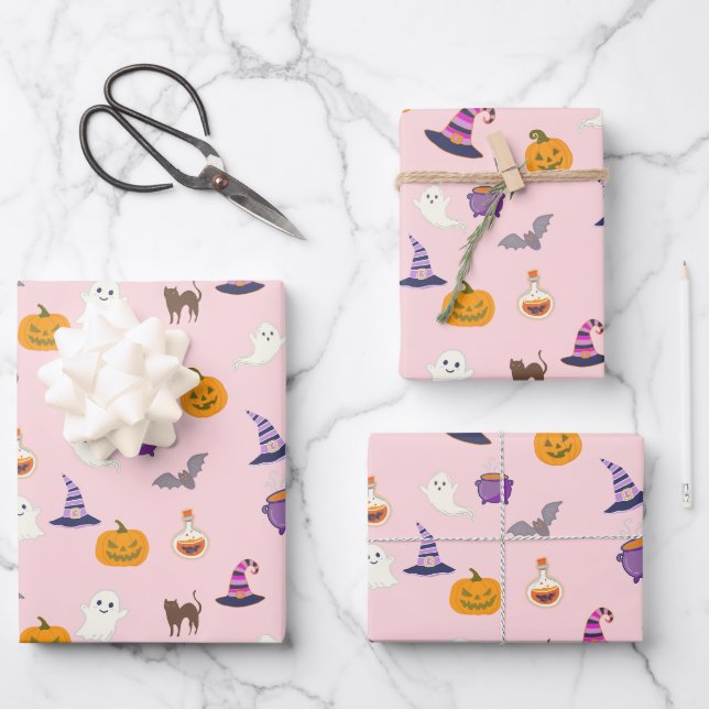 Cute Pink Halloween Seamless Pattern - Spooky Wrapping Paper Sheet (Front)