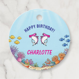 Cute Pink Hammerhead Shark Kids Birthday Favour Tags