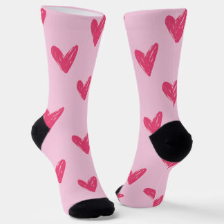 Cute Pink Hand Drawn Hearts Crew Socks